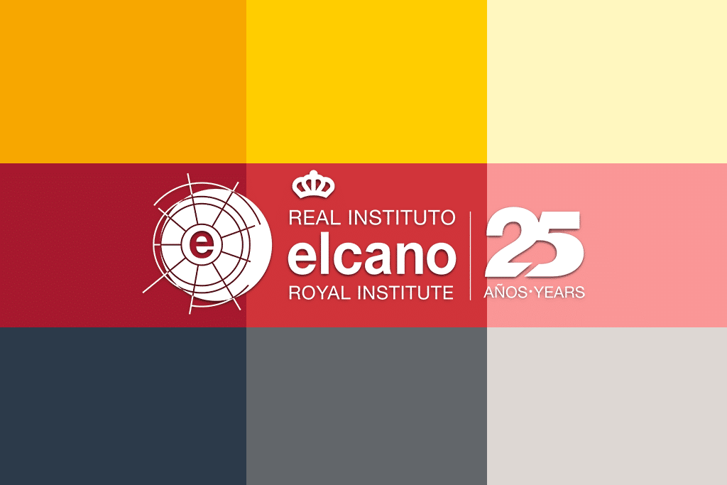 The Elcano Royal Institute’s 25th-anniversary logo (white version) set against bands in its three main colours (yellow, red and grey) in a monochromatic scheme.