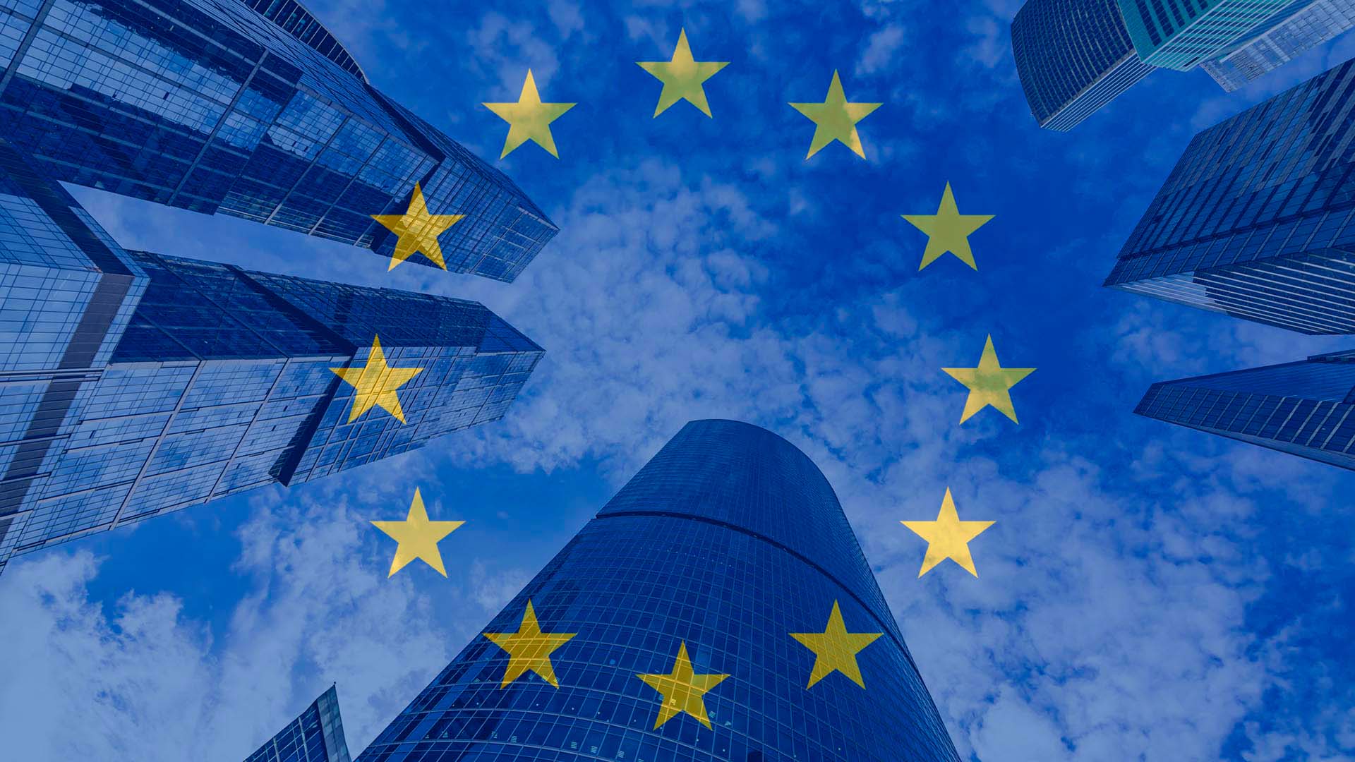Composition of a skyscrapers photo on the background of the European Union flag.