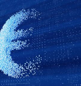 A euro symbol made up of small blue pixels scattered across a digital background, representing financial transformation and the digital economy.