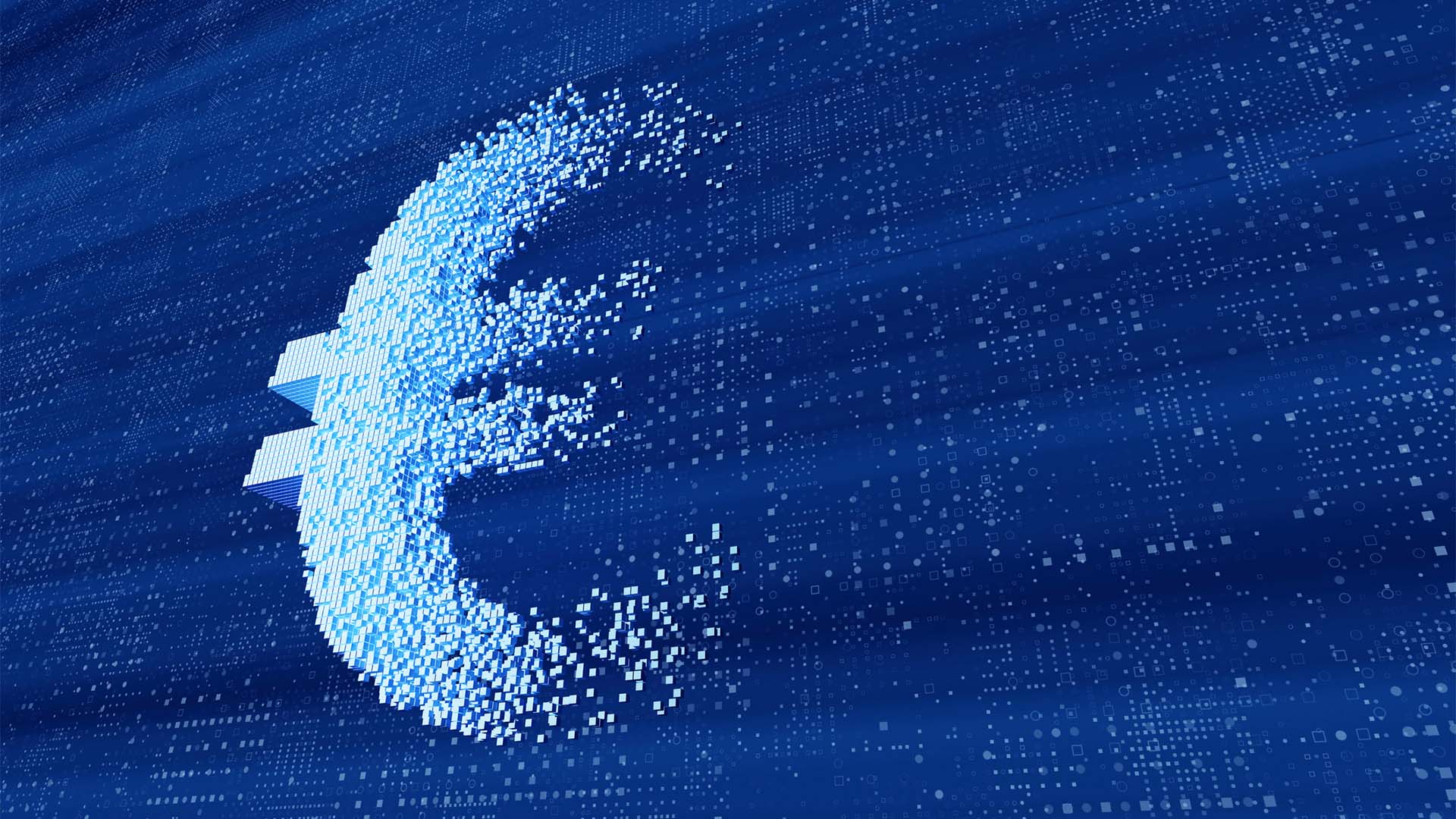 Símbolo del euro formado por pequeños píxeles azules que se dispersan sobre un fondo digital, representando la transformación financiera y la economía digital.