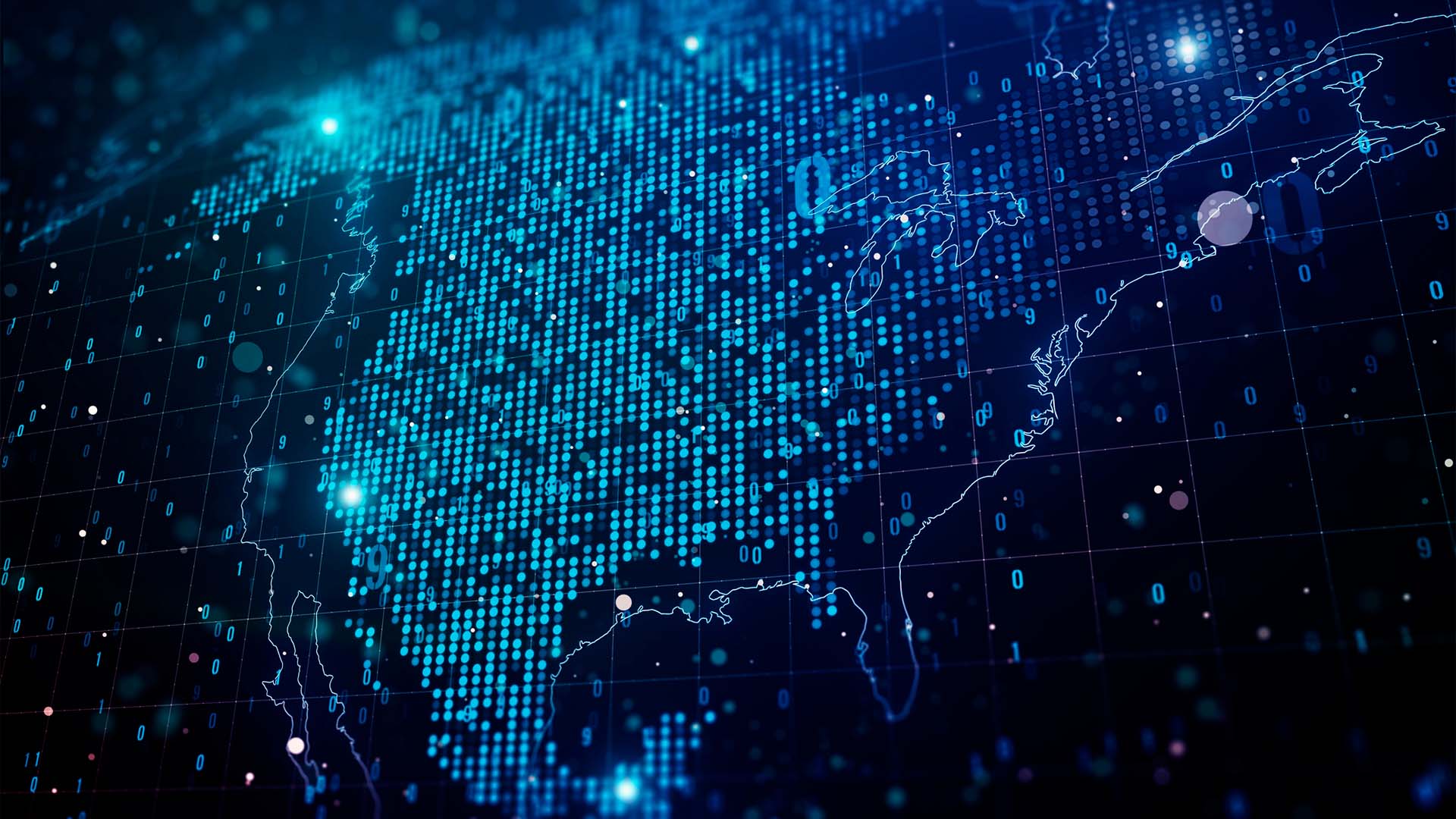 Mapa digital de Estados Unidos, con puntos luminosos azules, rodeado de códigos binarios y líneas sobre fondo oscuro.