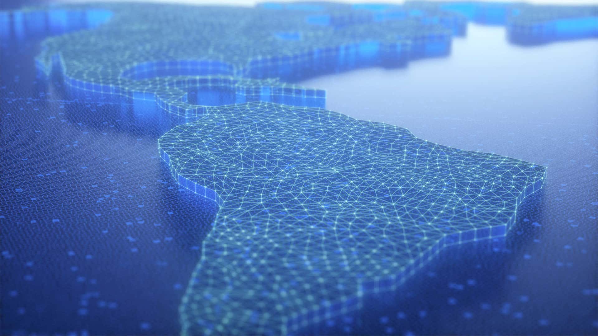 Mapa digital de América Latina y el Caribe en tonos azules con contornos geográficos formados por una red de conexiones y puntos luminosos sobre un fondo tecnológico.