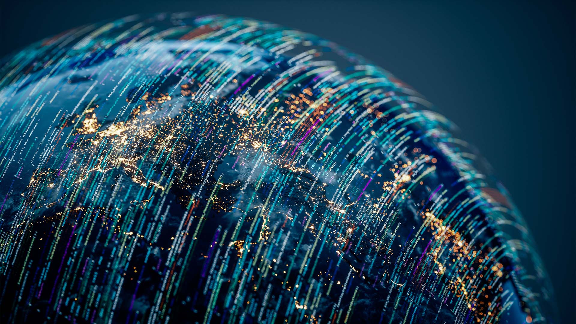 Imagen conceptual de la Tierra vista desde el espacio, cubierta por flujos de datos, líneas de código y conexiones digitales luminosas.