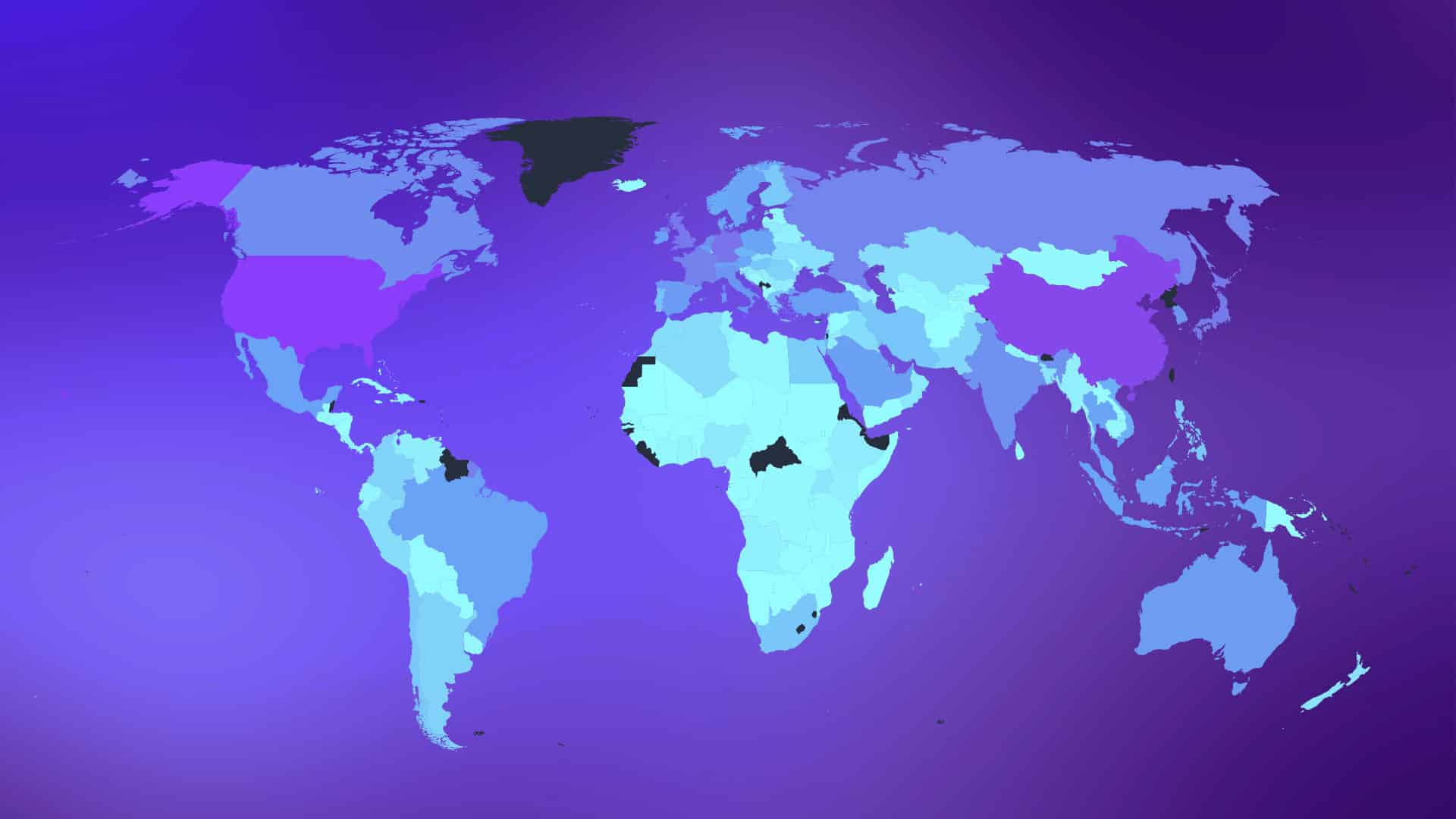 Mapa mundial estilizado sobre fondo degradado en tonos morados, con los países coloreados en distintas intensidades de azul, violeta y cian para indicar una distribución o presencia global.