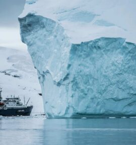 Large blue-toned iceberg alongside an expedition vessel navigating Arctic waters off Greenland, with a snow-covered coastal landscape in the background.