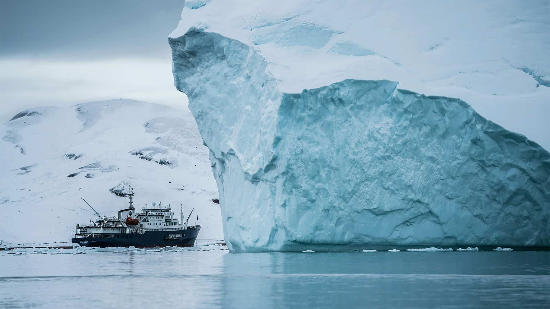Enorme iceberg de tonos azulados junto a un buque de expedición que navega por las aguas del Ártico en Groenlandia, con un paisaje costero cubierto de nieve al fondo.