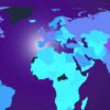 A stylised world map on a gradient background in shades of purple, with countries coloured in varying shades of blue, violet and cyan to indicate global distribution or presence.