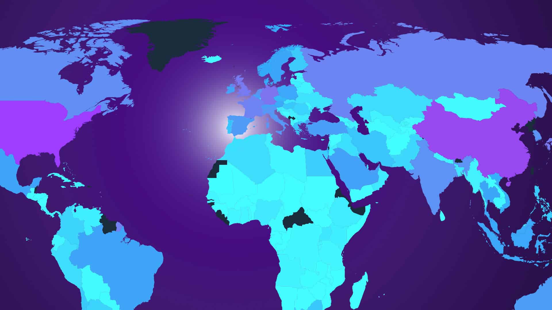 A stylised world map on a gradient background in shades of purple, with countries coloured in varying shades of blue, violet and cyan to indicate global distribution or presence.