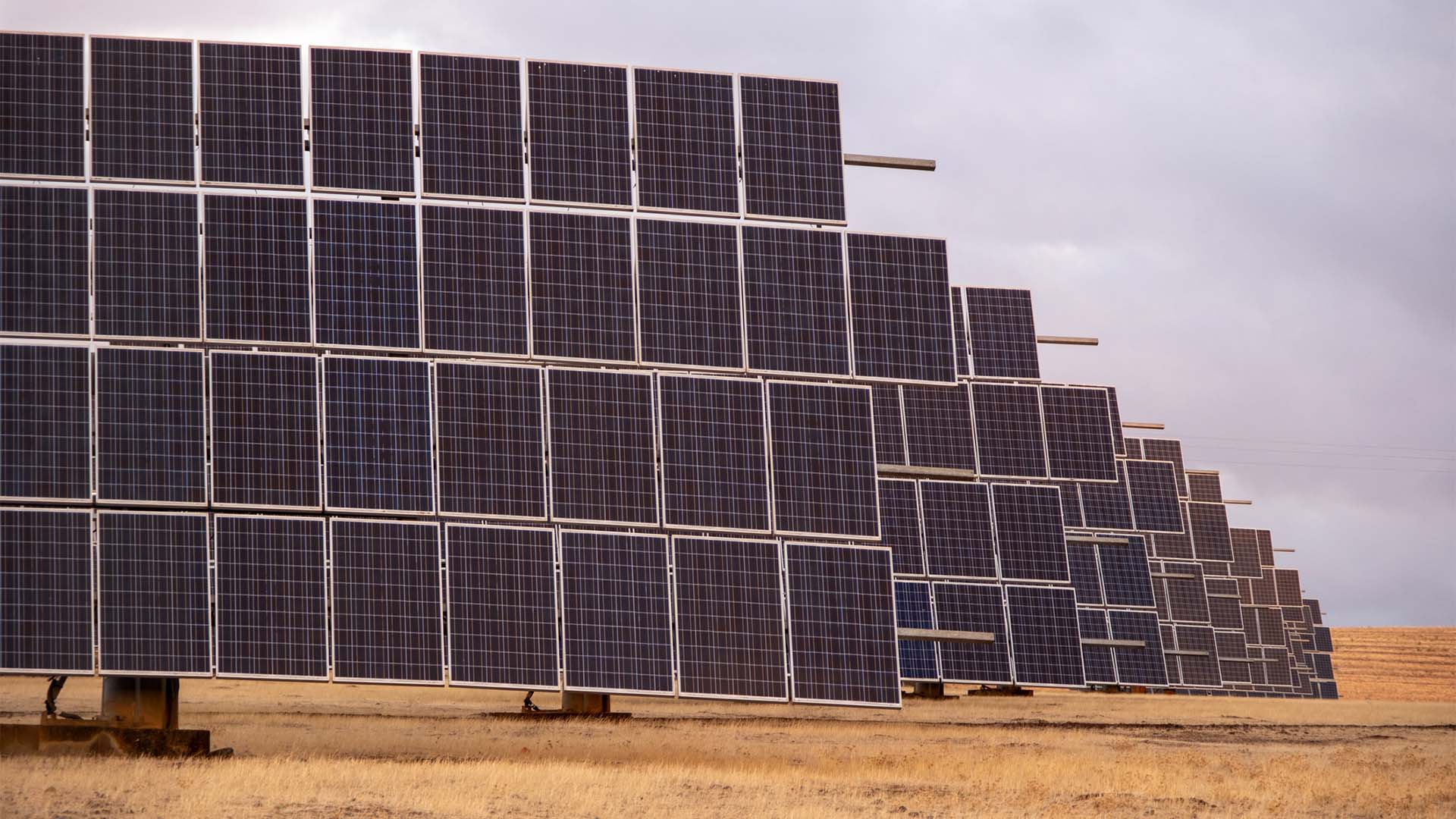 Rows of large solar panels installed on dry ground in La Albuera, Extremadura, beneath a cloudy sky.