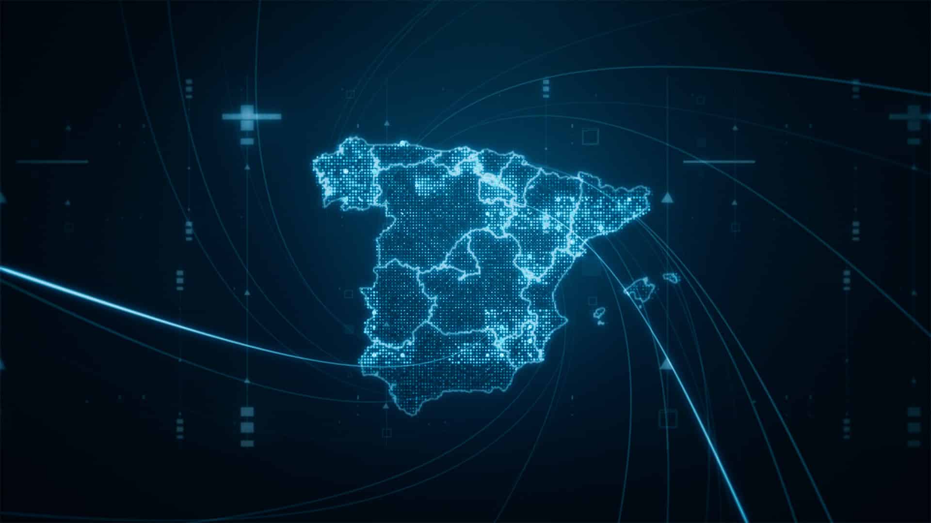 Mapa digital de la Península Ibérica y las Islas Baleares iluminado en azul, con divisiones territoriales y líneas que representan conexiones y redes tecnológicas.
